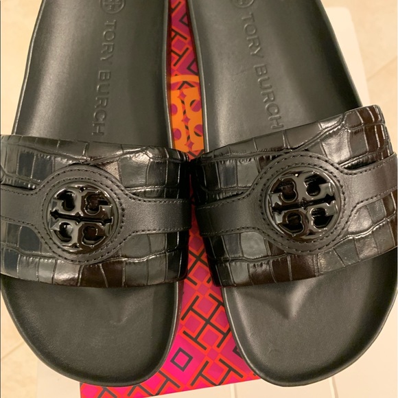 Tory Burch Shoes - Tory Burch Anatomic Slide Soft Croc Embossed Leather sandals in Black. Size 8.5.